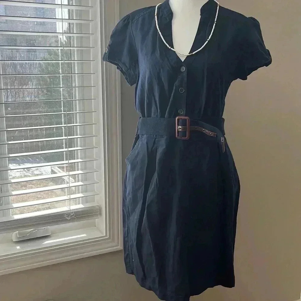 ❤️2/$50❤️[10]MNG Casual Black Linen Blend Short Sleeve Dress Waist Belt